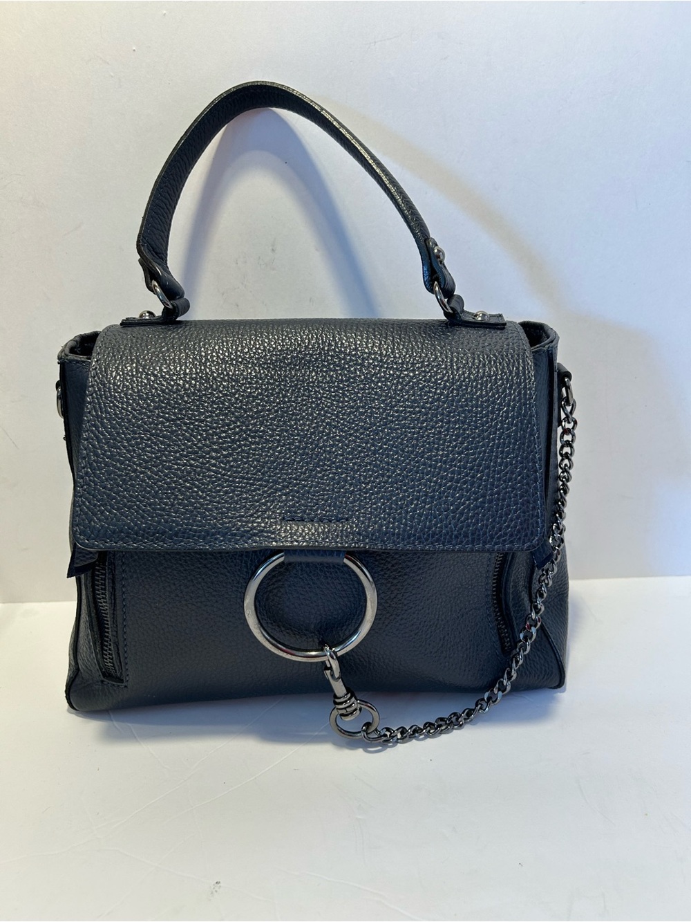 Classic Navy blue Pebbled Satchel with Silver Ring and Chain